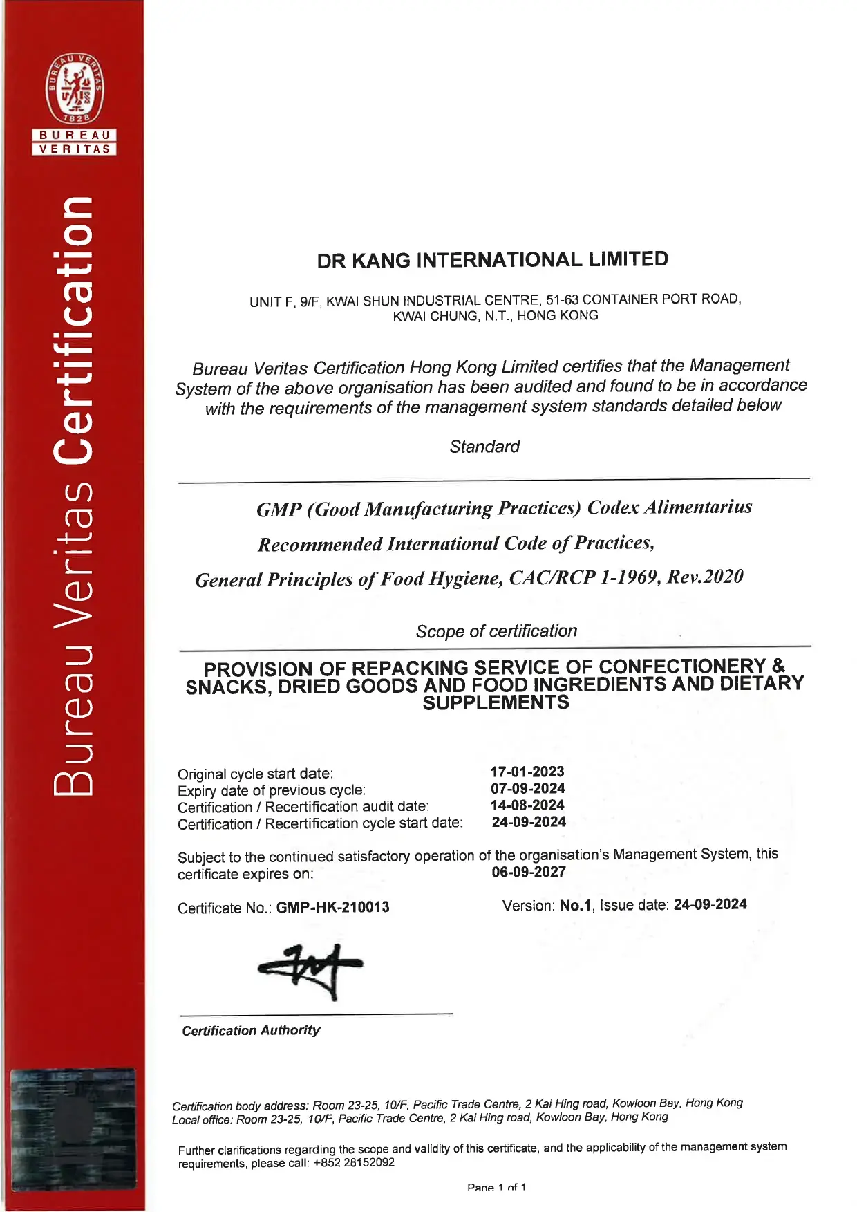 First page of a Bureau Veritas GMP certificate