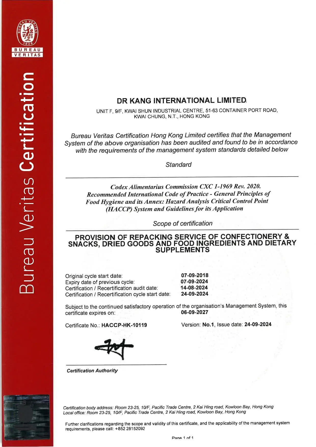 First page of a Bureau Veritas HACCP certificate
