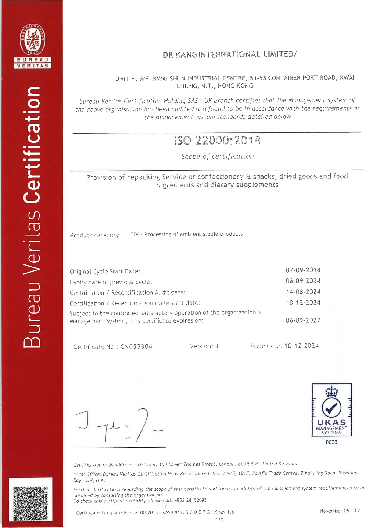 First page of a Bureau Veritas ISO 22000:2018 certificate