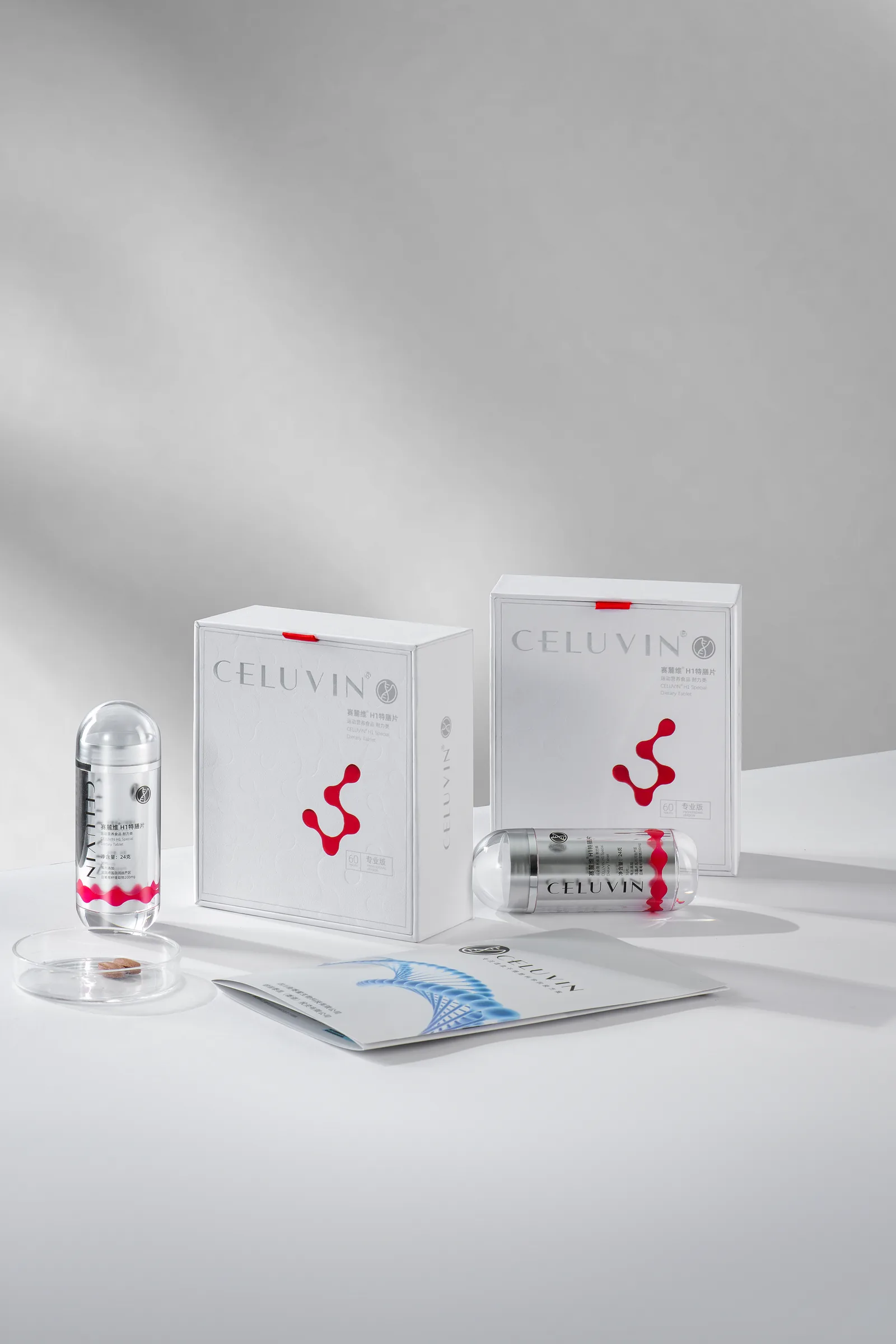 CELUVIN formulas arranged in a bright architectural studio